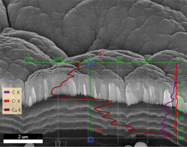 REM-Bild einer Cu-DLC Multischicht mit EDX-Line Scan